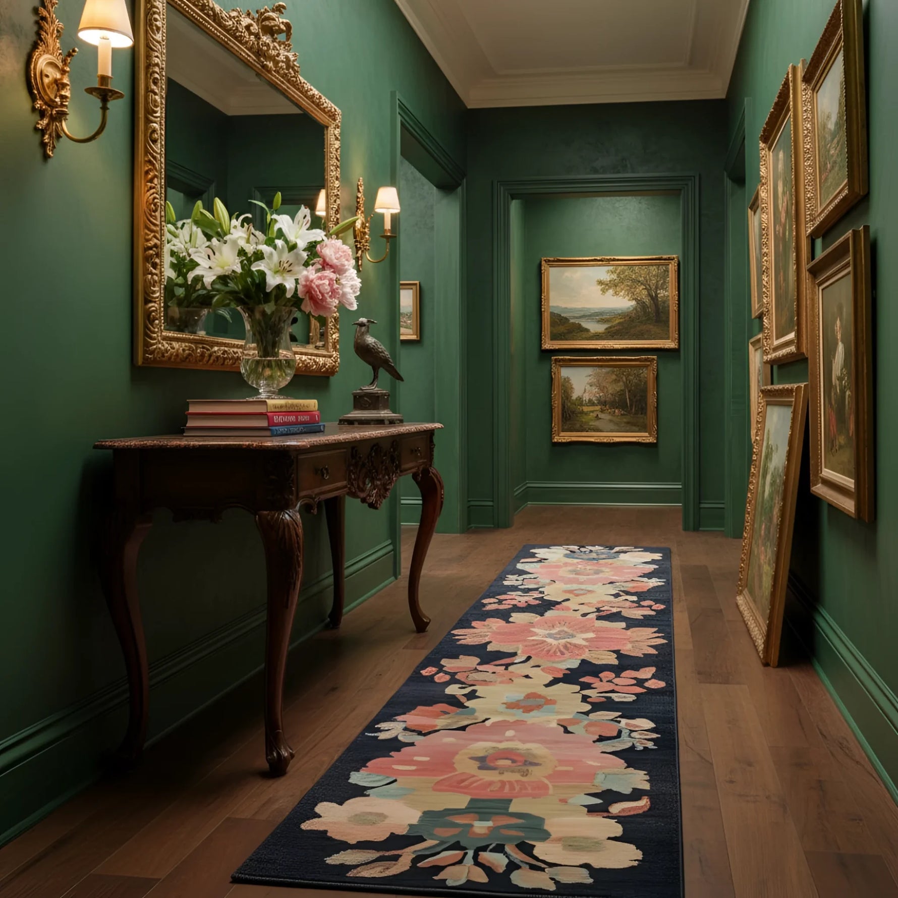 Decorative hallway with green walls, a floral rug, and framed artwork.