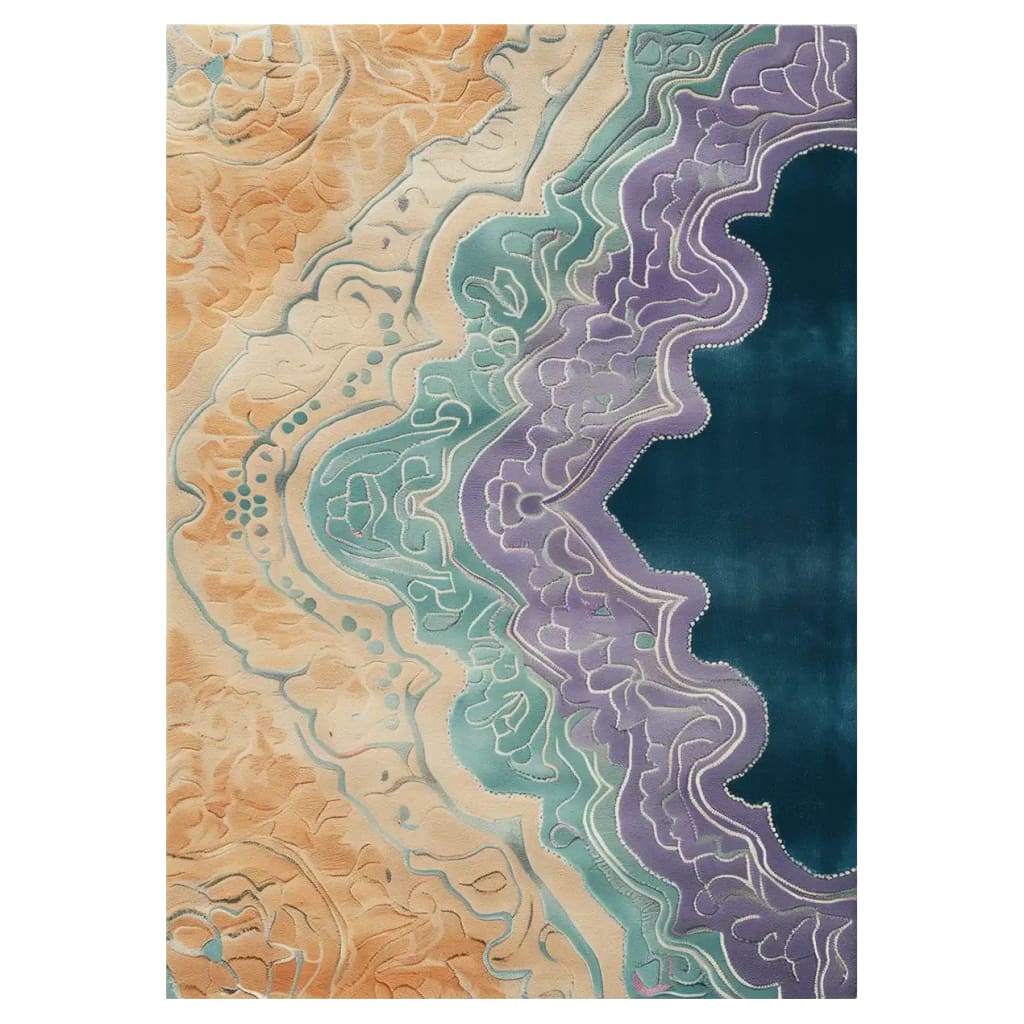 The Tidal Symphony Hand Tufted Wool Rug showcases a stunning abstract design with flowing waves of beige, teal, and purple, perfect as an area rug for any contemporary living room. This wool rug offers both elegance and comfort, making it a standout piece among rugs for living room decor.