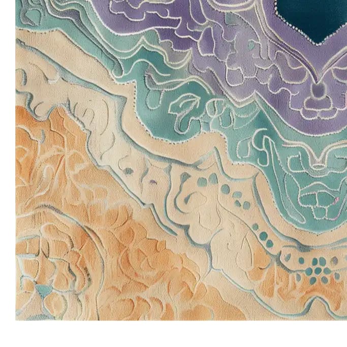 A vibrant, abstract Tidal Symphony Hand Tufted Wool Rug featuring a blend of oceanic blues, sandy beiges, and purples. This contemporary area rug, perfect for a modern living room, showcases intricate patterns and textures, highlighting the luxurious feel of wool.