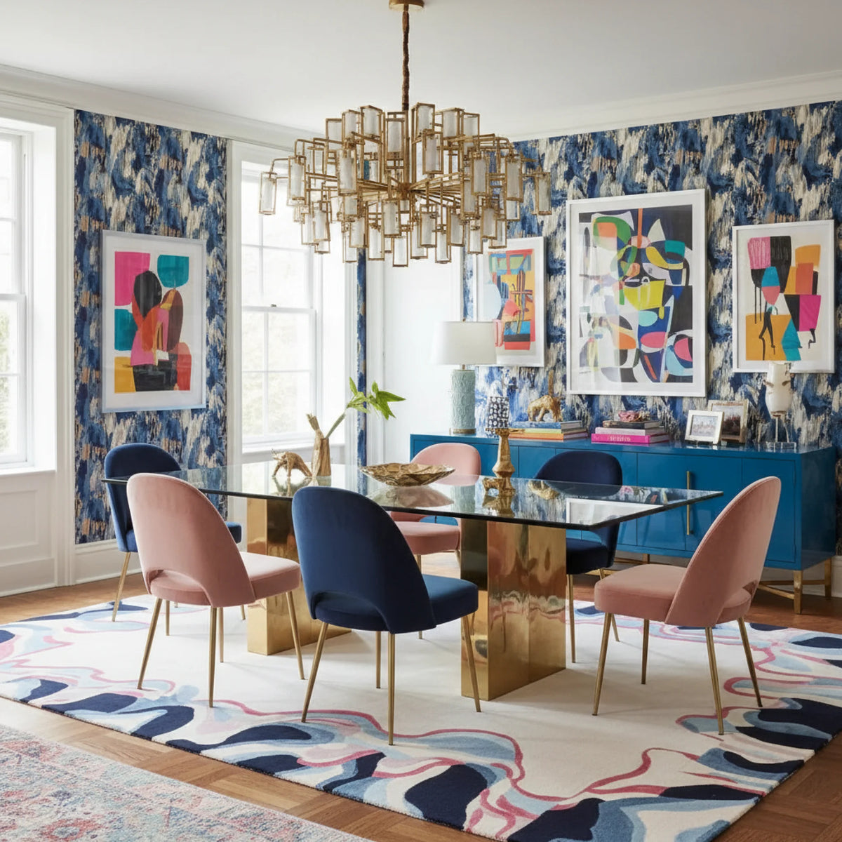 Dining room with colorful chairs, abstract art, and a patterned rug.