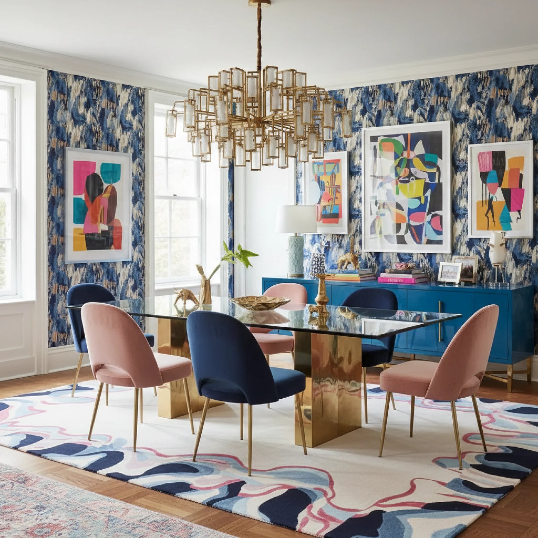 Dining room with colorful chairs, abstract art, and a patterned rug.