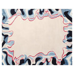 Stunning area rug featuring a contemporary design with abstract waves in blue, black, and red hues, perfect for enhancing living room decor. This hand-tufted wool rug adds a modern touch to any space, ideal for those seeking stylish living room area rugs.