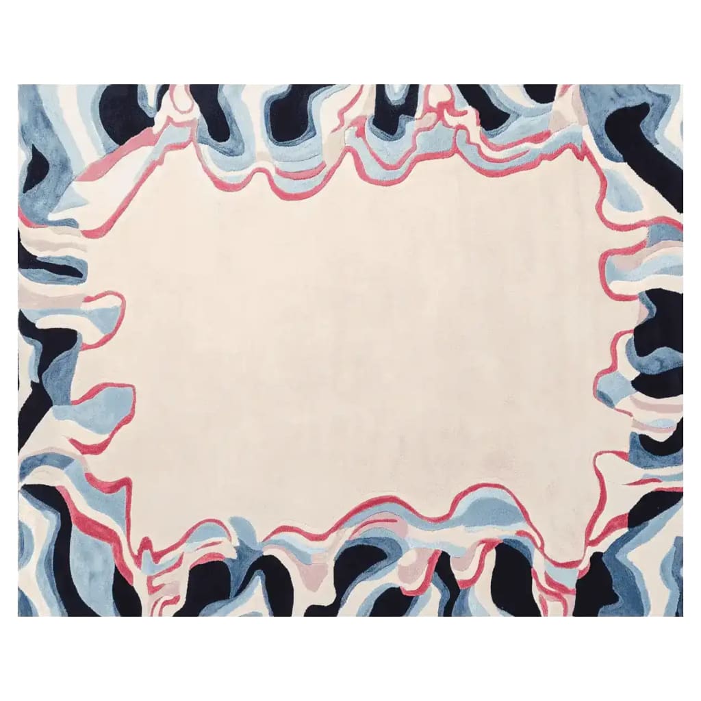 Stunning area rug featuring a contemporary design with abstract waves in blue, black, and red hues, perfect for enhancing living room decor. This hand-tufted wool rug adds a modern touch to any space, ideal for those seeking stylish living room area rugs.