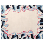 Stunning area rug featuring a contemporary design with abstract waves in blue, black, and red hues, perfect for enhancing living room decor. This hand-tufted wool rug adds a modern touch to any space, ideal for those seeking stylish living room area rugs.