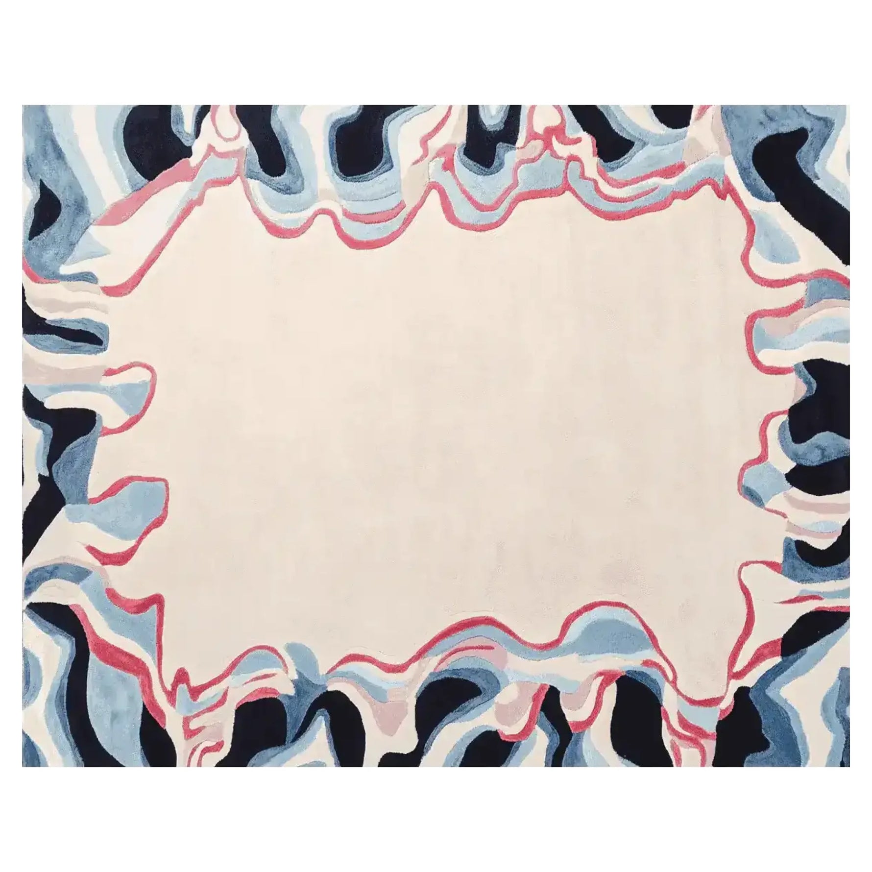 Stunning area rug featuring a contemporary design with abstract waves in blue, black, and red hues, perfect for enhancing living room decor. This hand-tufted wool rug adds a modern touch to any space, ideal for those seeking stylish living room area rugs.