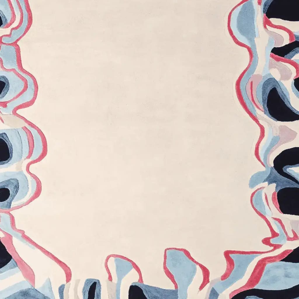 Top view of the Tide Meets Canvas Hand Tufted Rug showcasing its abstract design. This contemporary area rug features a flowing pattern with shades of blue, pink, and white, perfect for adding a modern touch to living room decor. Made from high-quality wool, it’s an ideal choice for those seeking stylish and durable area rugs for living rooms.
