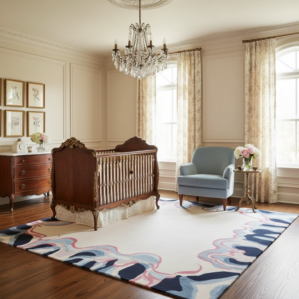 Luxurious nursery with vintage crib, armchair, and decorative rug.