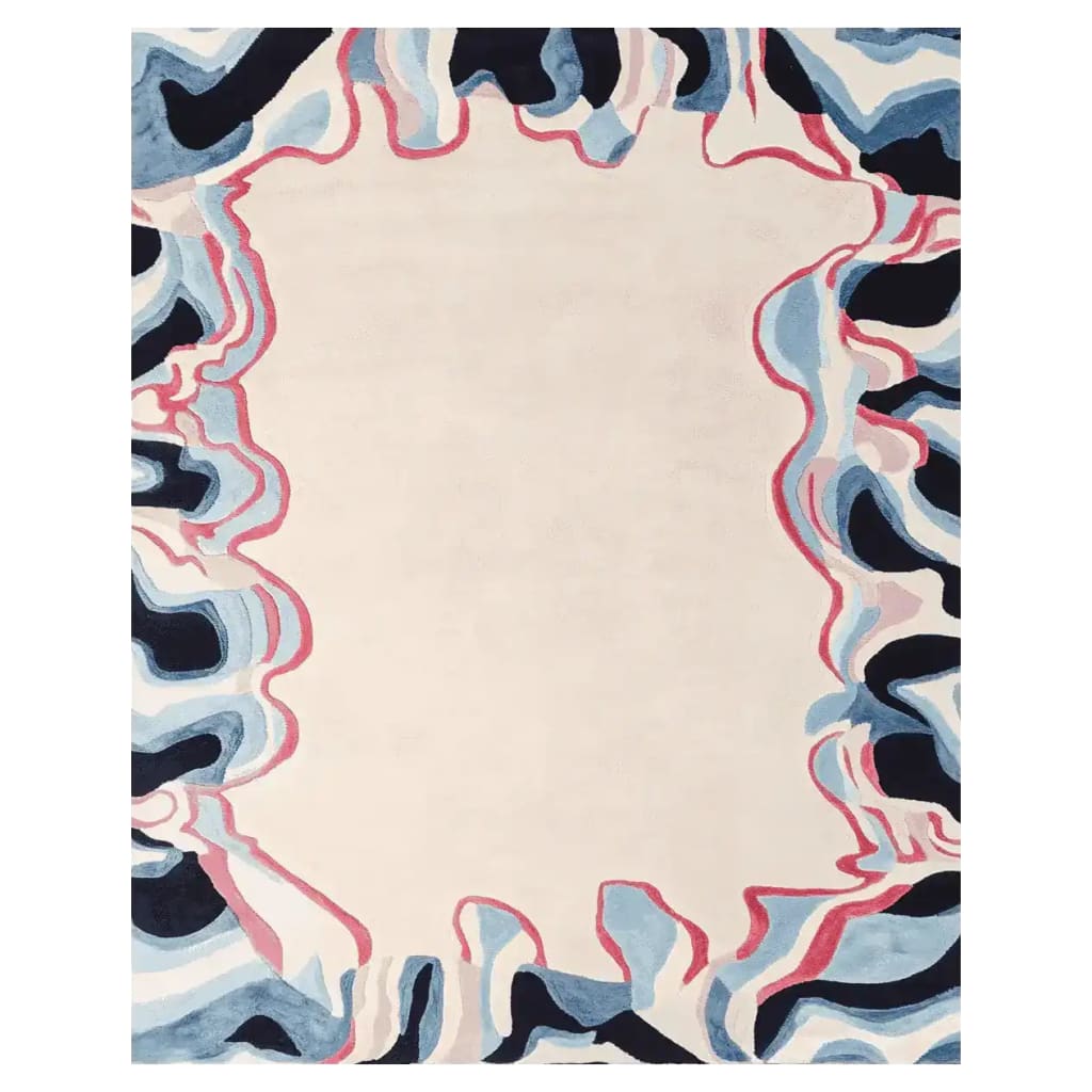 This is a Tide Meets Canvas Hand Tufted Rug, featuring an elegant abstract design with wavy edges in shades of blue, pink, and black. Perfect as a contemporary area rug for the living room, this wool rug adds a modern touch to any space.
