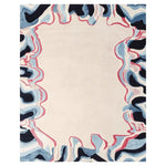 This is a Tide Meets Canvas Hand Tufted Rug, featuring an elegant abstract design with wavy edges in shades of blue, pink, and black. Perfect as a contemporary area rug for the living room, this wool rug adds a modern touch to any space.