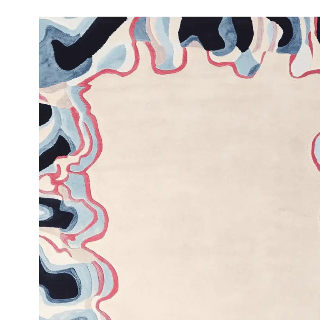 Contemporary Tide Meets Canvas Hand Tufted Wool Rug, featuring an abstract design with bold blue and pink waves against a neutral backdrop. Perfect for adding a modern touch to living room area rugs, this elegant wool rug combines art and comfort.