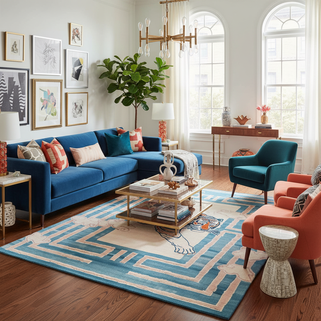 Modern living room with blue sofa, orange chairs, and a patterned blue tiger rug.