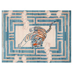 Vibrant Tiger Blossom Canopy Hand Tufted Wool Rug showcasing an abstract tiger design in blue and orange hues. This large living room area rug offers a striking visual with its intricate pattern, perfect for adding a bold touch to any space.