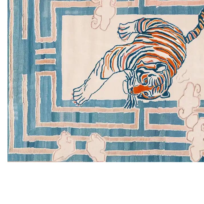 This vibrant area rug features a striking abstract design of a tiger in shades of orange and blue, perfect for large living room spaces. The hand-tufted wool construction adds a luxurious feel, making it an ideal choice for area rugs for living rooms.
