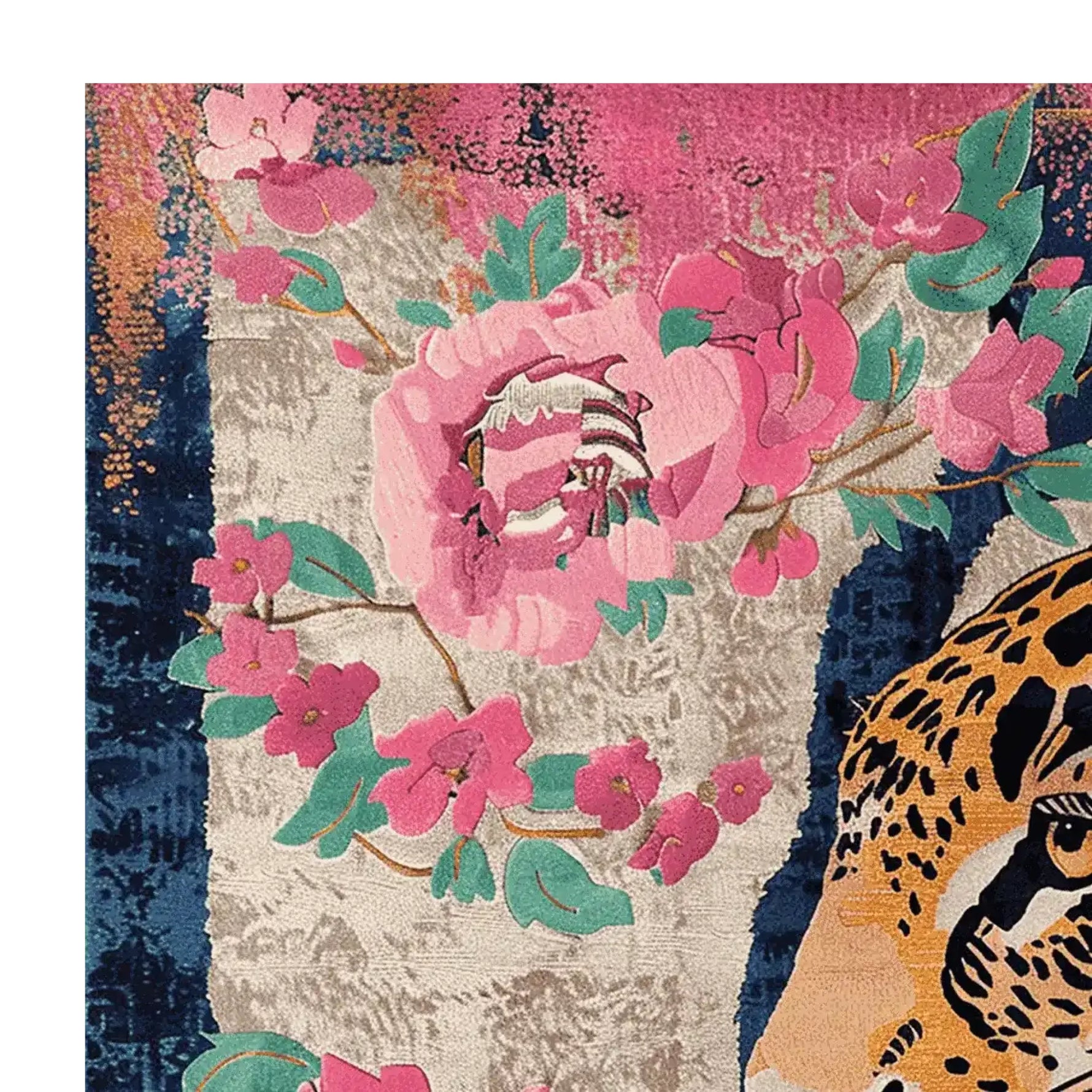 Close-up view of a Tiger Dream Hand Tufted Rug, featuring intricate floral designs in pink and green against a textured background with a tiger motif. This wool rug is a perfect square area rug for living room spaces, combining bold patterns and vivid colors.