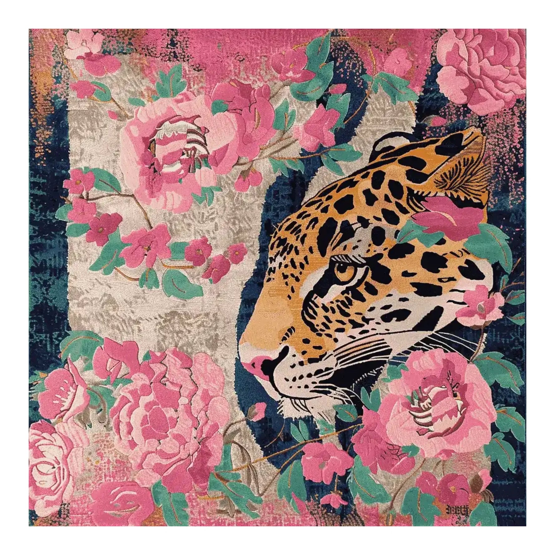 This vibrant area rug features a stunning design with a tiger's face surrounded by pink floral patterns. Made from premium wool, this square rug is perfect for adding a touch of elegance to any living room. The intricate details and bold colors make it an eye-catching centerpiece among area rugs for living room decor.