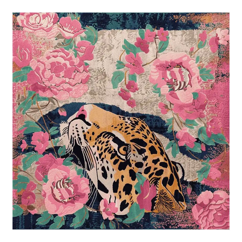 A vibrant square area rug featuring an abstract tiger design surrounded by lush pink floral patterns. This hand-tufted wool rug showcases a blend of bold colors, perfect for adding a unique touch to your living room decor.