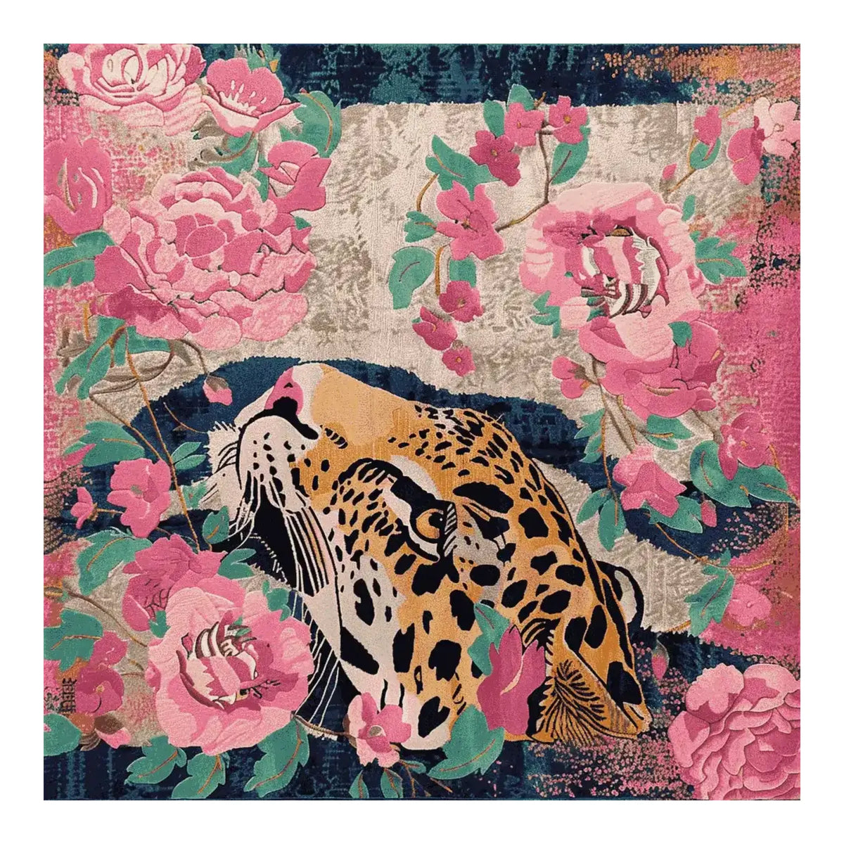A vibrant square area rug featuring an abstract tiger design surrounded by lush pink floral patterns. This hand-tufted wool rug showcases a blend of bold colors, perfect for adding a unique touch to your living room decor.