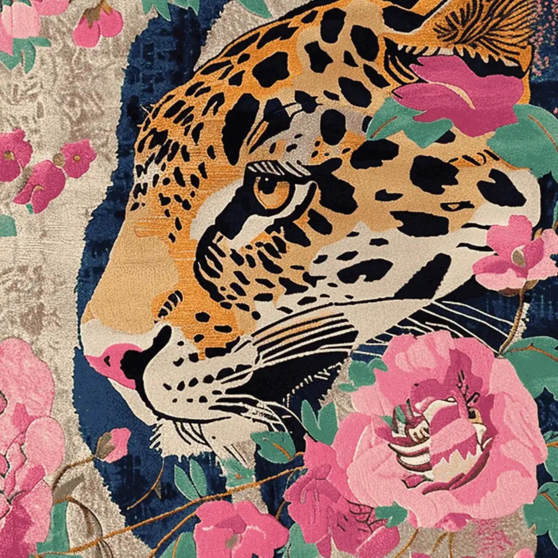 Vibrant hand-tufted wool area rug featuring a striking abstract tiger design surrounded by lush pink floral patterns. Perfect as a square rug for your living room, this stunning piece combines bold animal motifs with delicate blossoms to create a unique and captivating centerpiece.