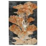 A striking hand-tufted wool area rug featuring an abstract depiction of a tiger amidst lush foliage, perfect for adding a touch of elegance to any living room. This beautiful area rug, ideal as a centerpiece, showcases intricate details and warm tones, making it a standout choice among rugs for living rooms.