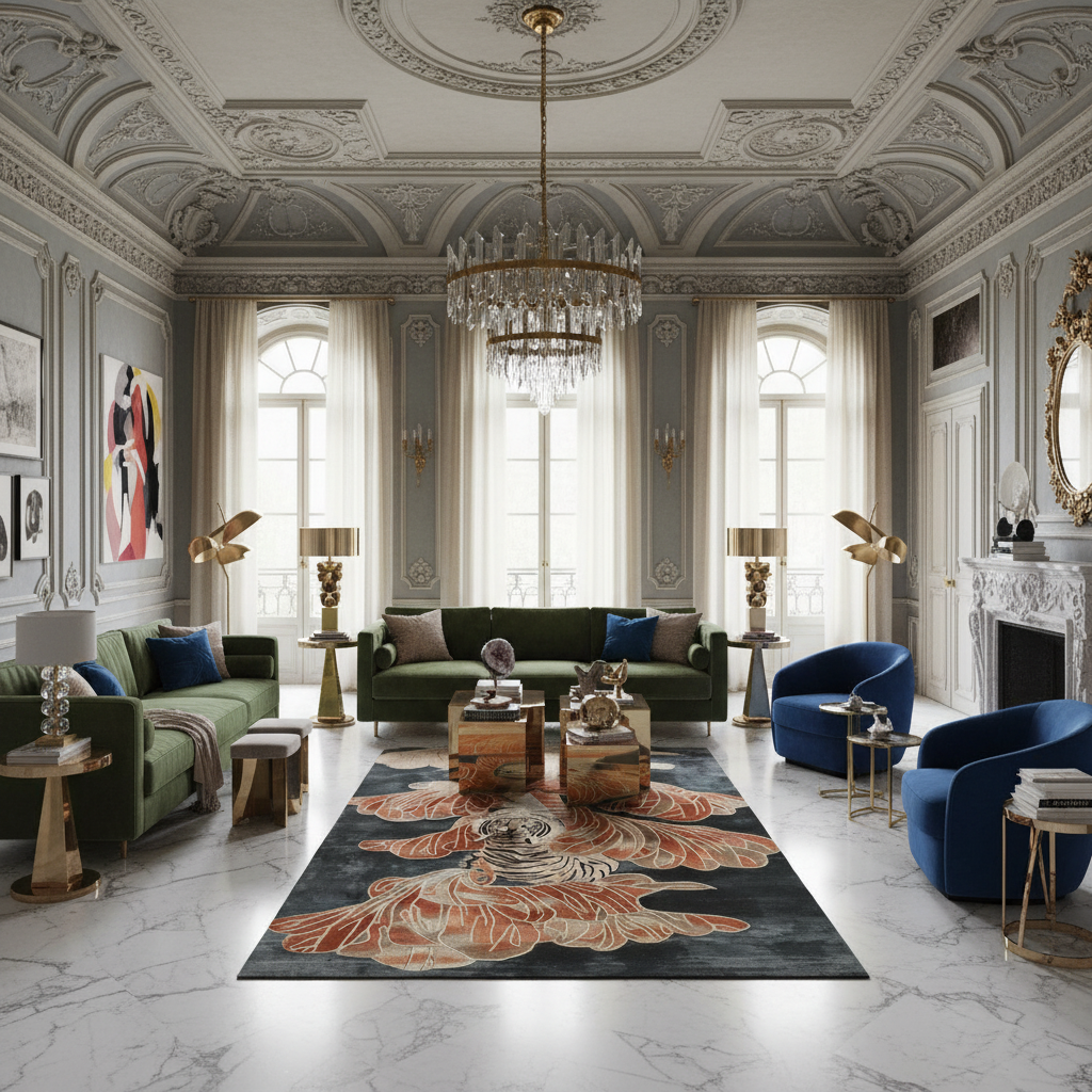 Luxurious living room with ornate ceiling, large windows, a contemporary hand-tufted wool rug, and elegant furniture.