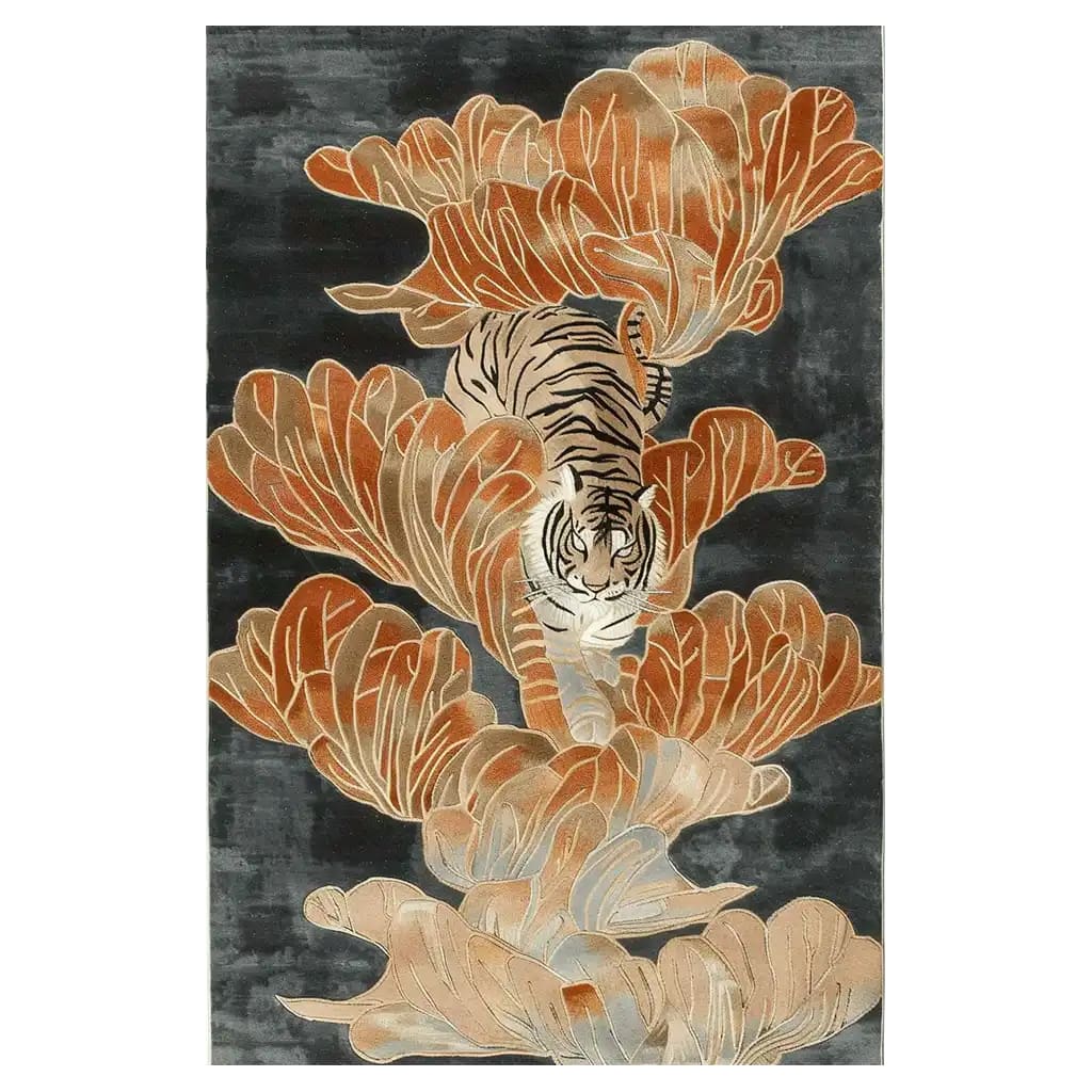 A striking hand-tufted wool area rug featuring an abstract depiction of a tiger amidst lush foliage, perfect for adding a touch of elegance to any living room. This beautiful area rug, ideal as a centerpiece, showcases intricate details and warm tones, making it a standout choice among rugs for living rooms.