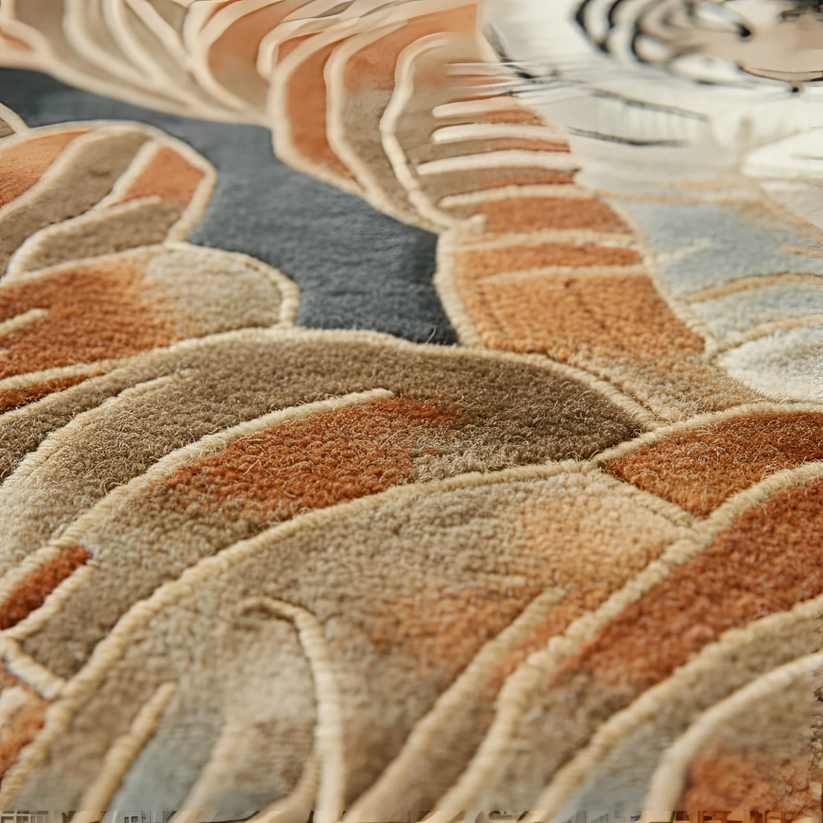 Close-up of a textured rug with circular patterns in earthy tones.
