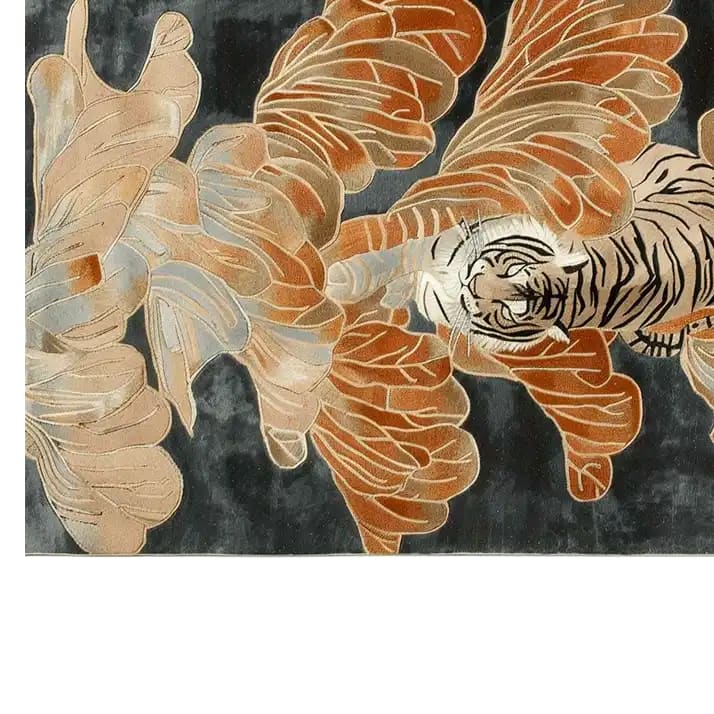 A beautifully designed Tiger Labyrinth Journey hand-tufted wool area rug, perfect for enhancing any living room. The rug features an abstract tiger pattern in earthy tones, ideal for those seeking unique and artistic area rugs for their living space.