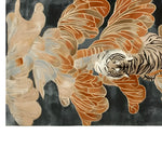 A beautifully designed Tiger Labyrinth Journey hand-tufted wool area rug, perfect for enhancing any living room. The rug features an abstract tiger pattern in earthy tones, ideal for those seeking unique and artistic area rugs for their living space.
