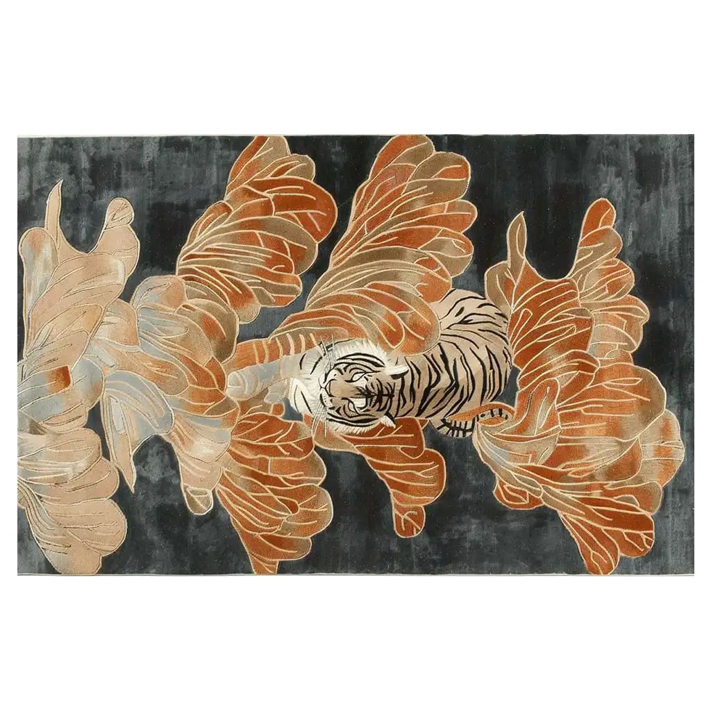 A beautifully designed area rug featuring an abstract depiction of a tiger surrounded by flowing leaves. This hand tufted wool rug is perfect for adding a touch of elegance to your living room decor. Ideal for those seeking unique area rugs for living room spaces.