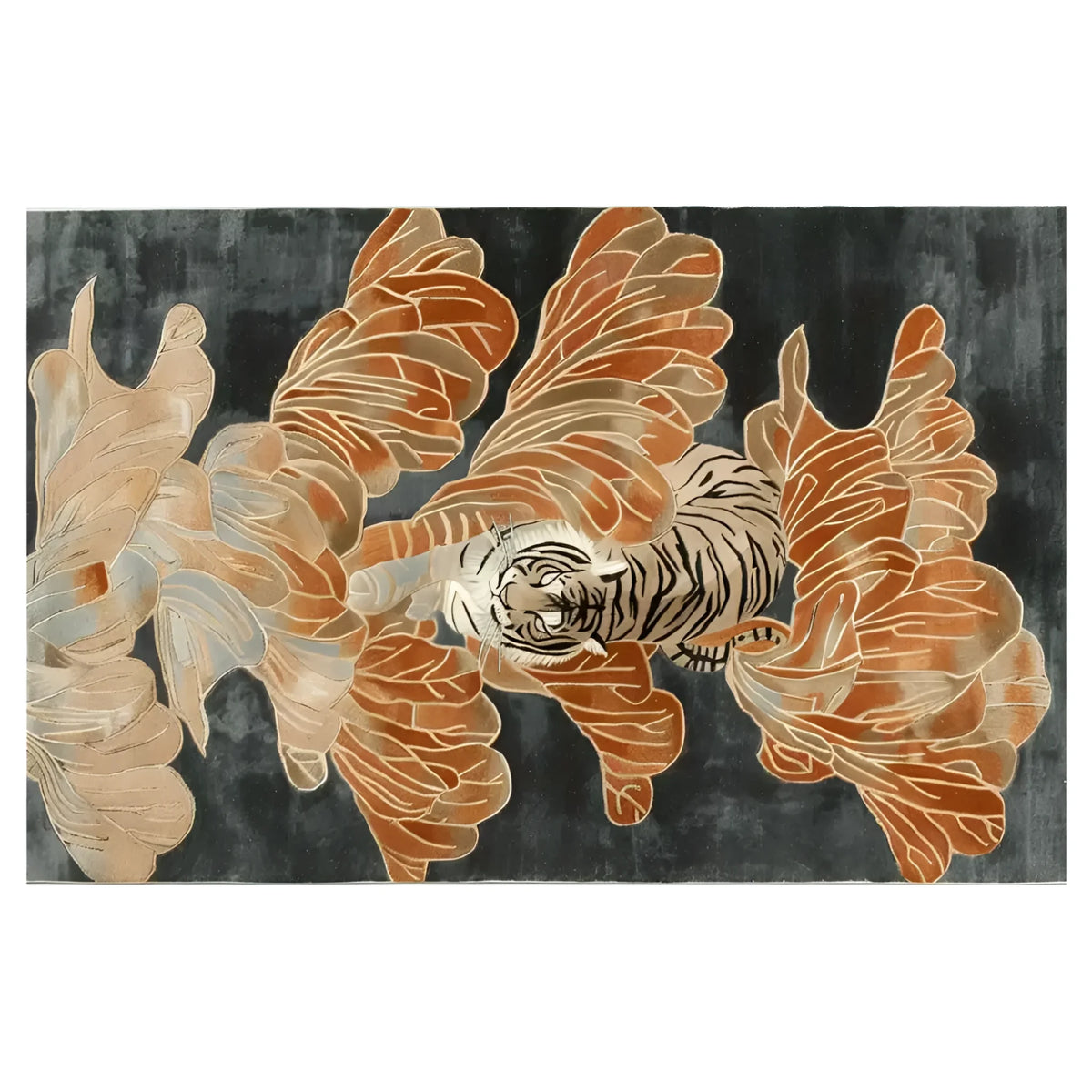 A beautifully designed area rug featuring an abstract depiction of a tiger surrounded by flowing leaves. This hand tufted wool rug is perfect for adding a touch of elegance to your living room decor. Ideal for those seeking unique area rugs for living room spaces.