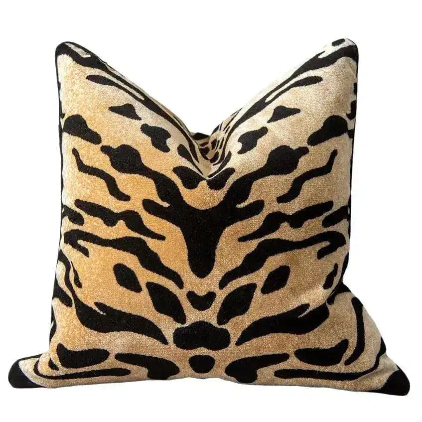 Tiger pattern velvet decorative throw pillow cover featuring a bold black and gold design, perfect for adding a stylish touch to any living space.