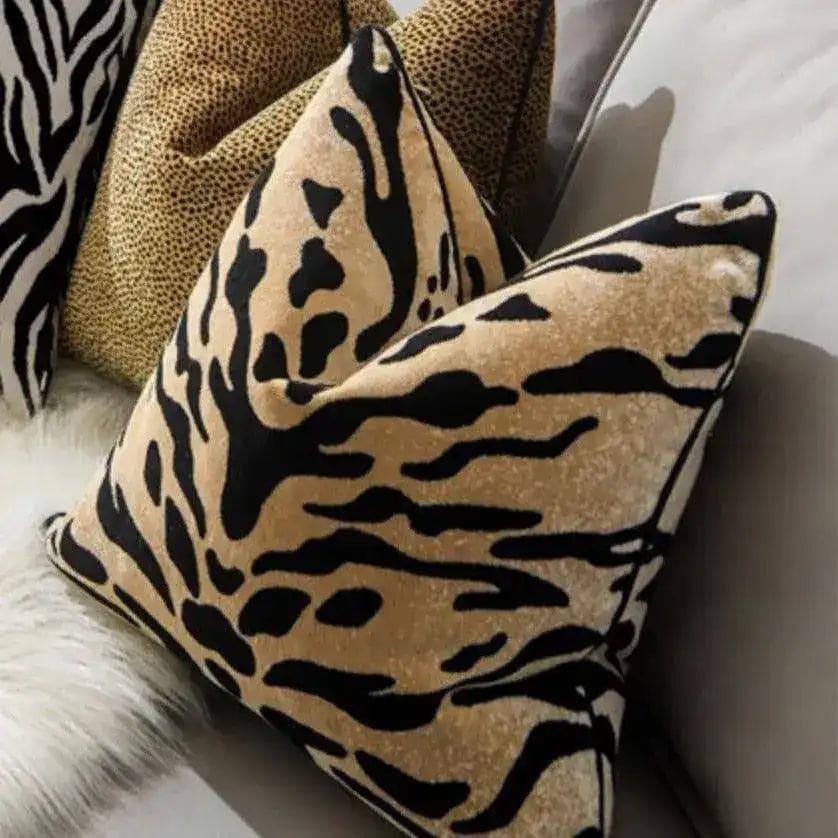 Tiger pattern velvet decorative throw pillow cover showcasing bold black and gold stripes, perfect for home decor.