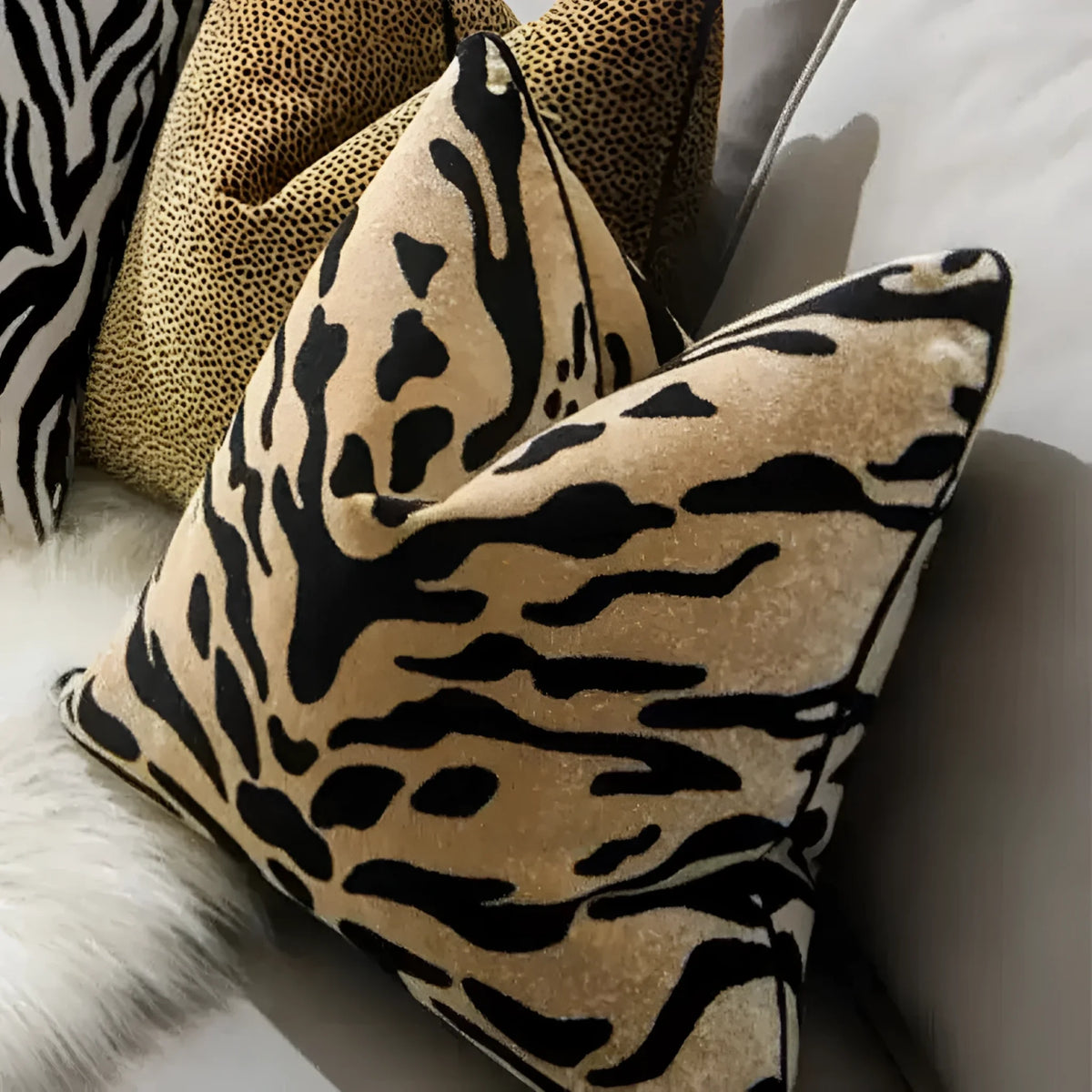 Tiger pattern velvet decorative throw pillow cover showcasing bold black and gold stripes, perfect for home decor.