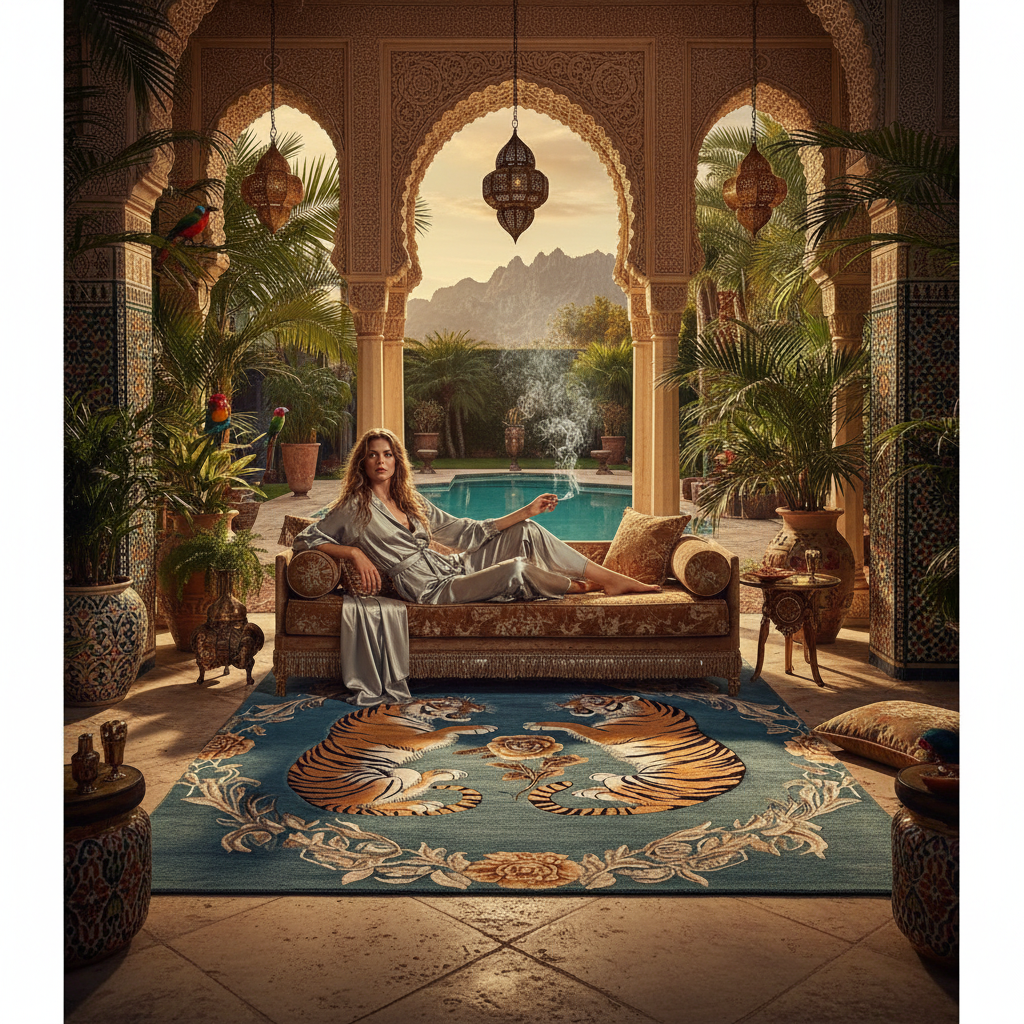 Woman in a luxurious outdoor setting with decorative arches, tiger rug, and a pool.