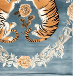 This beautiful hand tufted area rug features an elegant tiger design intertwined with floral patterns on a soft blue background, perfect for large living rooms. Made from high-quality wool, it combines the timeless appeal of vintage rugs with a modern touch, making it an ideal area rug for your living room.