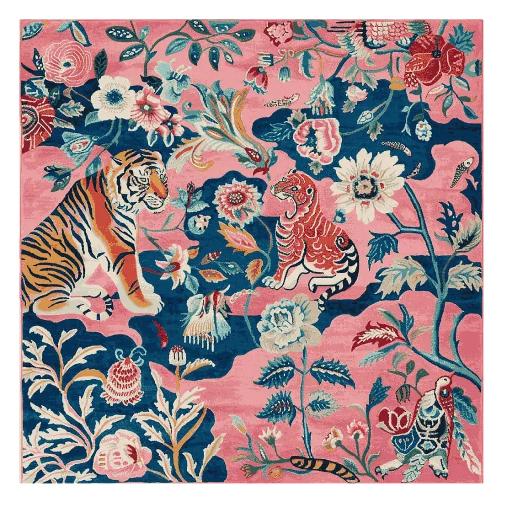 Decorative rug with tigers and floral patterns on a pink and blue background