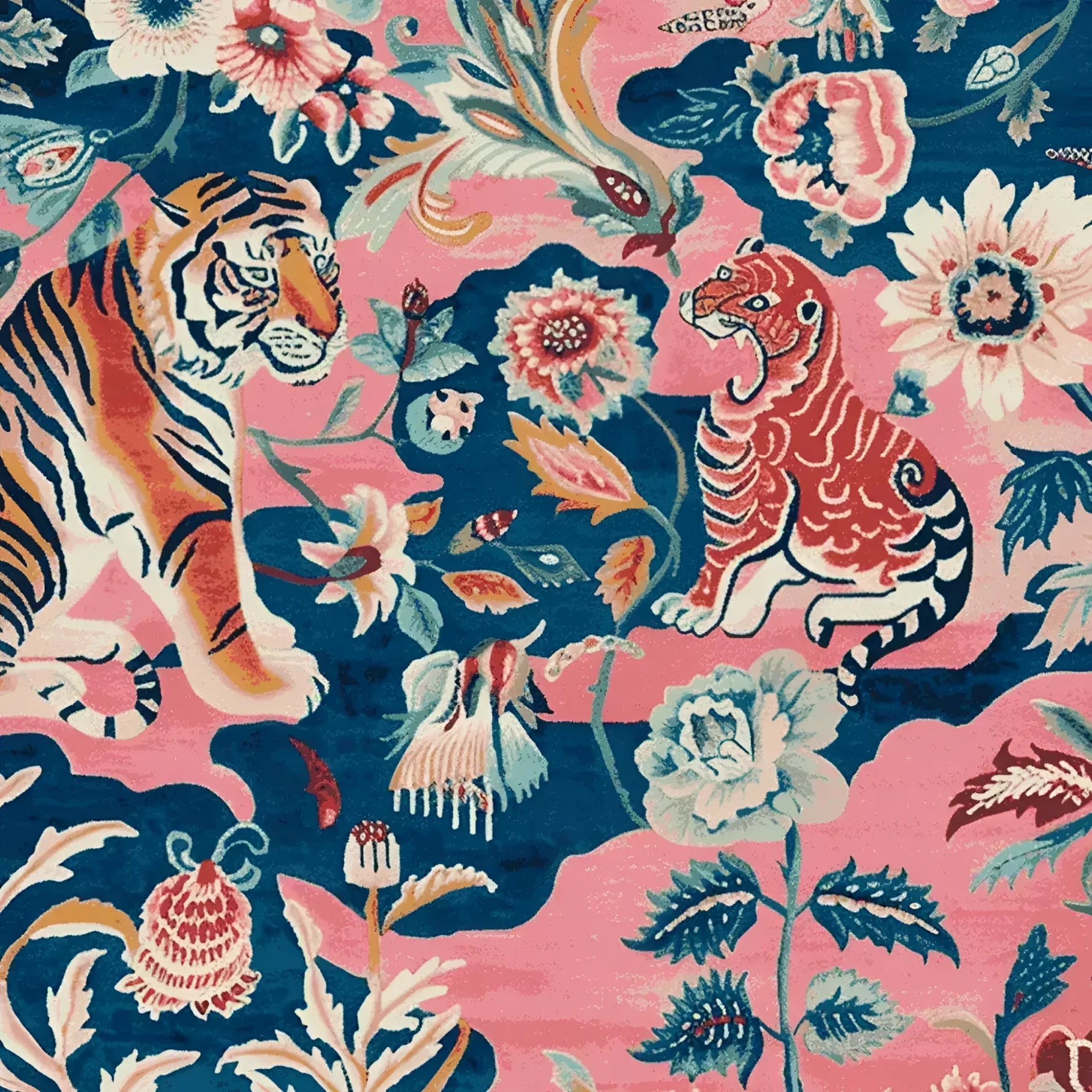 Vibrant hand tufted area rug featuring a whimsical design of tigers surrounded by blooming flowers on a rich pink and blue background. Perfect as a wool rug for the living room, this 8x10 square area rug brings a lively touch to any space.