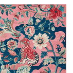 Vibrant hand-tufted wool area rug featuring an abstract tiger design amidst blooming flowers on a pink and blue background. Perfect as a square area rug for living room decor, adding a touch of artful elegance to any space.