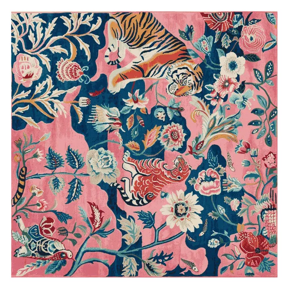 A vibrant hand-tufted area rug featuring an abstract design of tigers surrounded by blooming flowers. This wool rug is a square area rug, ideal for adding a splash of color to living room spaces. At a size of 8x10, this living room area rug combines bold blues, pinks, and oranges, perfect for those seeking a unique centerpiece.