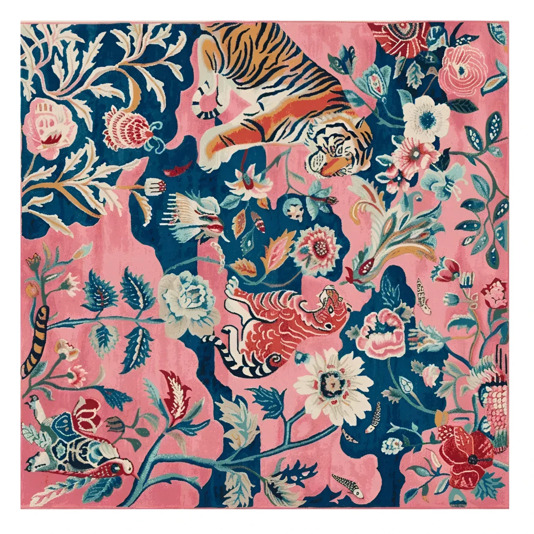 A vibrant hand-tufted area rug featuring an abstract design of tigers surrounded by blooming flowers. This wool rug is a square area rug, ideal for adding a splash of color to living room spaces. At a size of 8x10, this living room area rug combines bold blues, pinks, and oranges, perfect for those seeking a unique centerpiece.