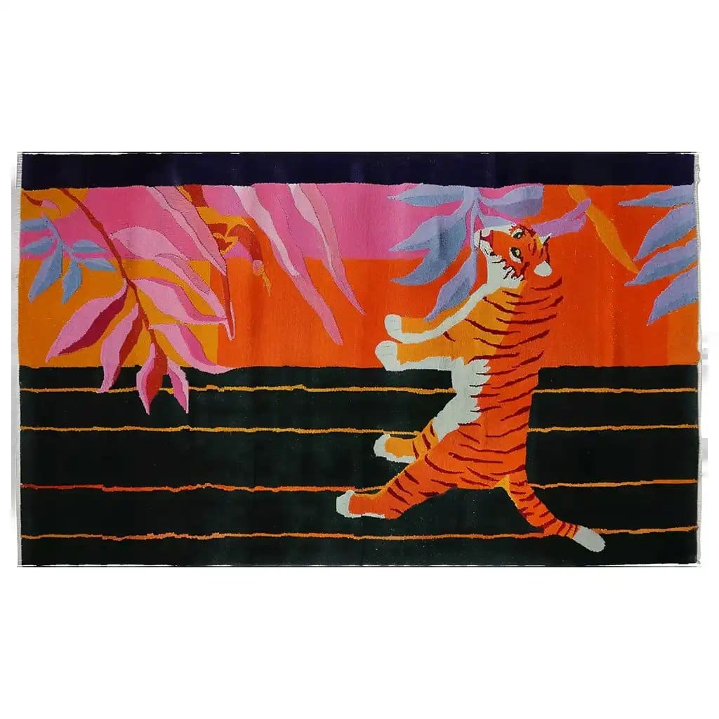 Vibrant wool area rug with an abstract tiger design, showcasing colorful foliage and bold stripes, perfect for adding warmth and style to any room.