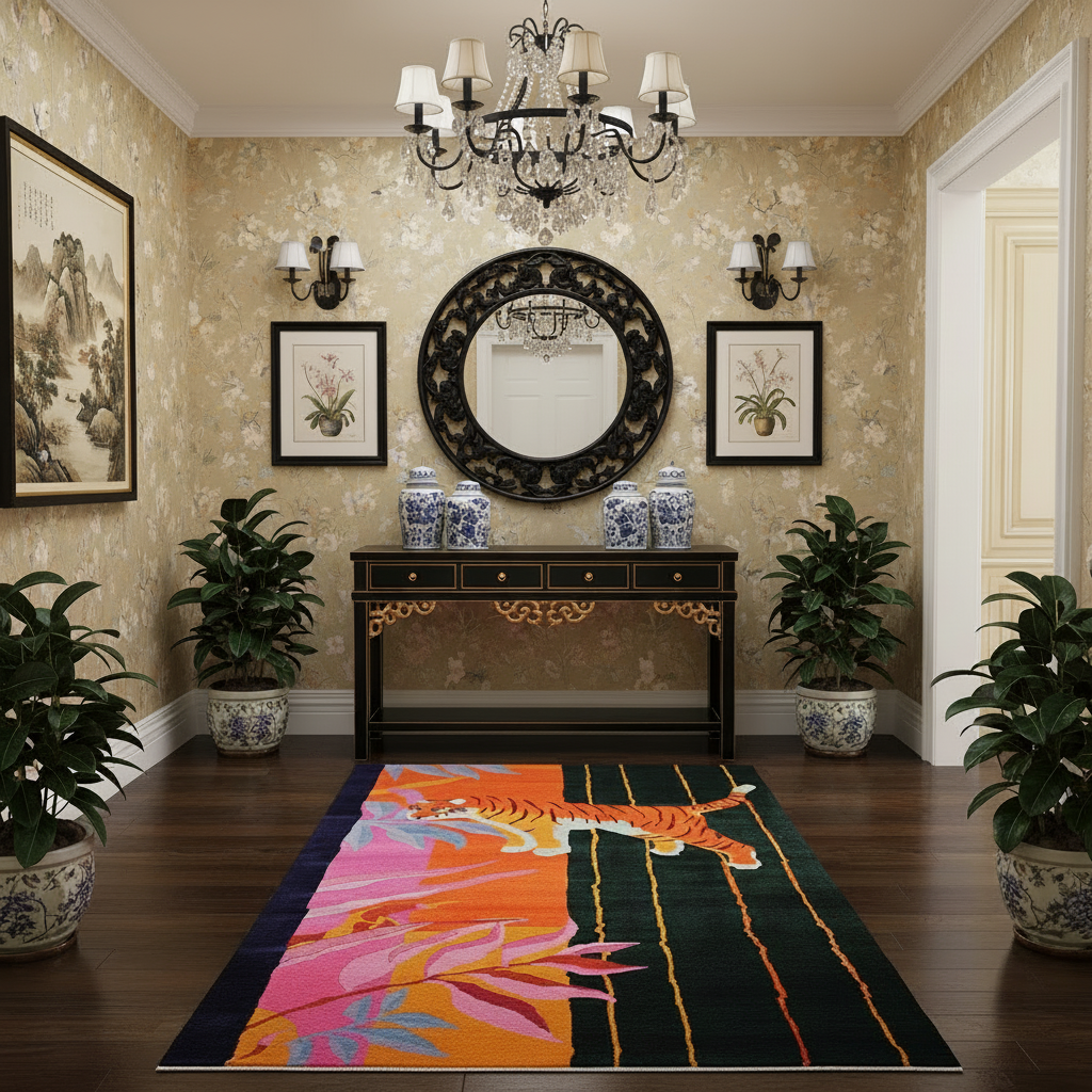 Decorative hallway with a chandelier, mirror, and colorful asian tiger wool rug.