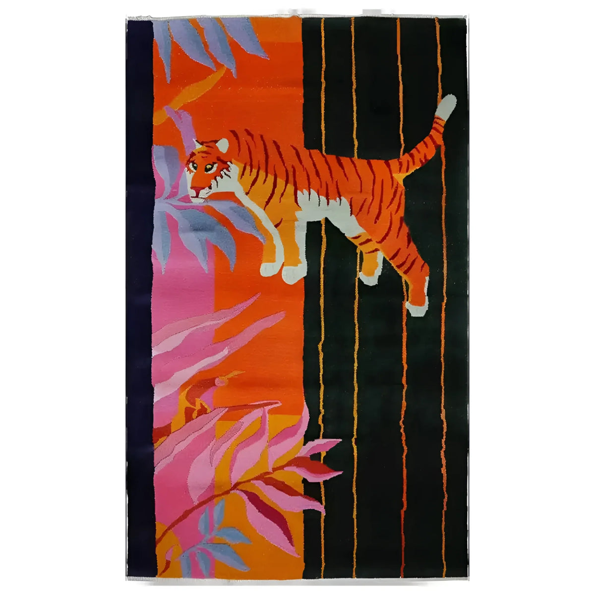 Decorative hallway with a chandelier, mirror, and colorful asian tiger wool rug.