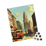 Tilted upright Historical City puzzle of a 1940s street with tower and red bus, scattered spare pieces