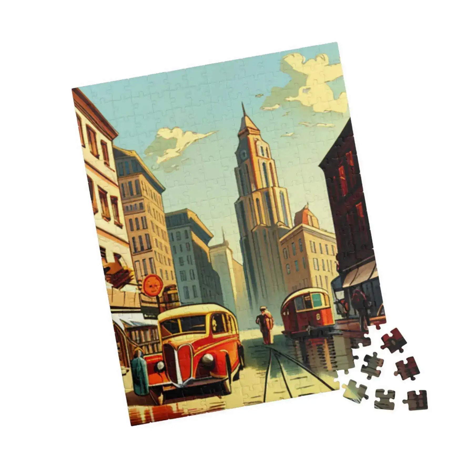 Tilted upright Historical City puzzle of a 1940s street with tower and red bus, scattered spare pieces