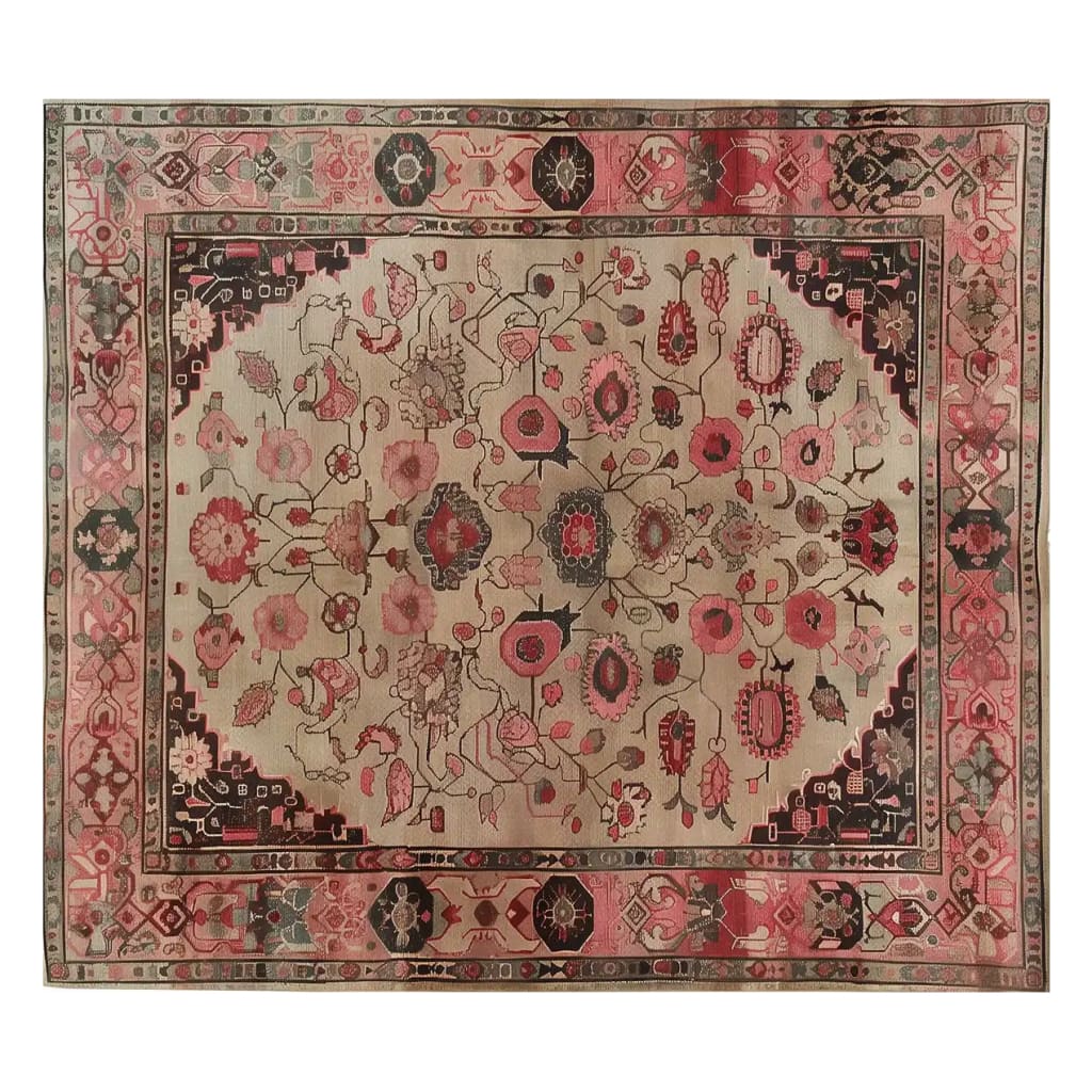 A beautifully intricate Timeless Artistry Hand Tufted Wool Rug featuring a vintage design with floral and geometric patterns in shades of red, pink, and beige. This exquisite area rug, perfect for living rooms, measures 8x10 and adds a touch of elegance and warmth to any space.