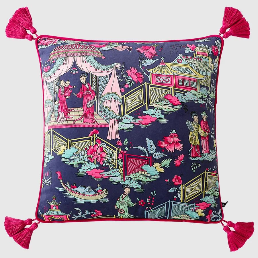 Timeless Dynasty decorative pink throw pillow cover featuring a vibrant Asian-inspired design with tassels, perfect for home decor.