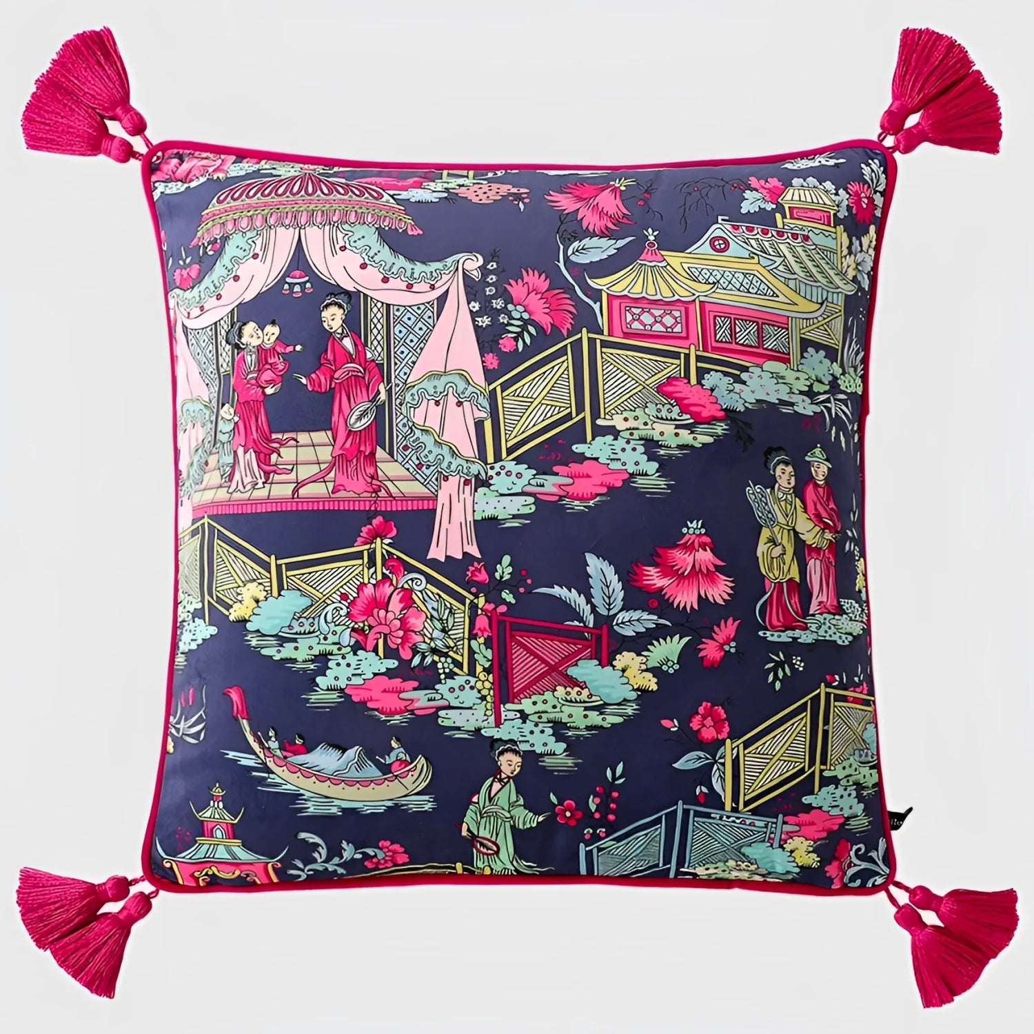 Timeless Dynasty decorative pink throw pillow cover featuring a vibrant Asian-inspired design with tassels, perfect for home decor.