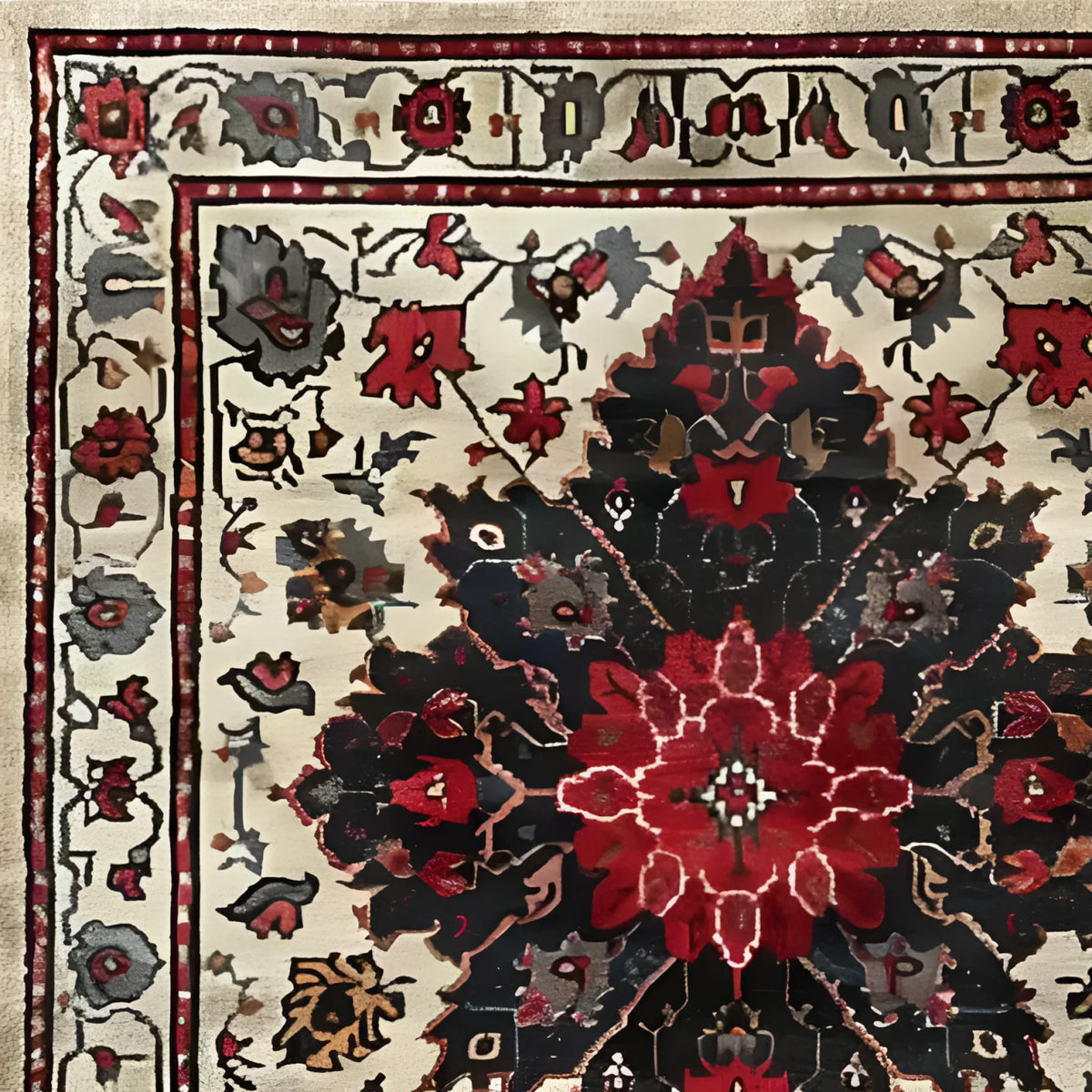 Close-up view of the Timeless Floral Medley Hand Knotted Wool Rug, showcasing intricate Persian floral designs in rich red and black hues. Perfect for adding a vintage touch to your living room or office, this 8x10 area rug exudes elegance and warmth.
