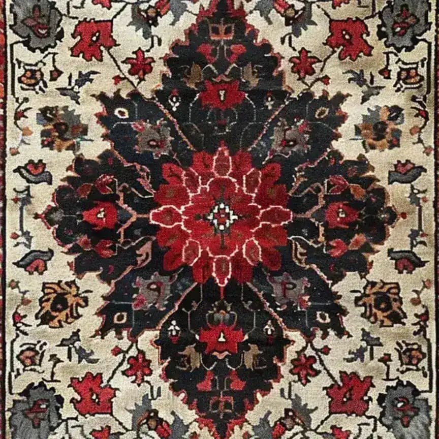 A beautifully detailed Timeless Floral Medley hand-knotted wool rug featuring an intricate floral pattern in rich red, black, and cream tones. This Persian-inspired vintage rug is perfect for enhancing the elegance of any living room or office space. Ideal as an 8x10 area rug, it brings a touch of warmth and sophistication to your decor.